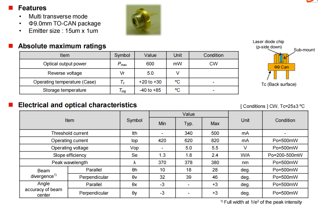 Лазерный диод 375 нм, 500 мВт 