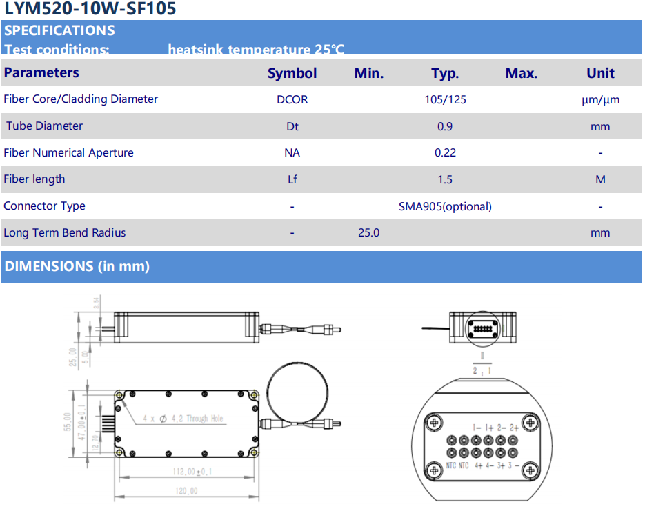 Зеленый лазер 520 нм, 10 Вт