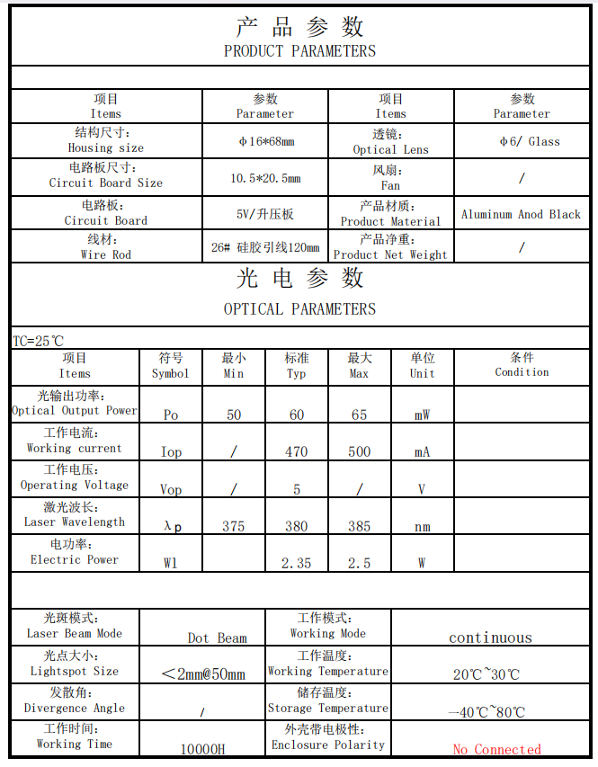 Лазерный модуль 380 нм, 60 мВт 